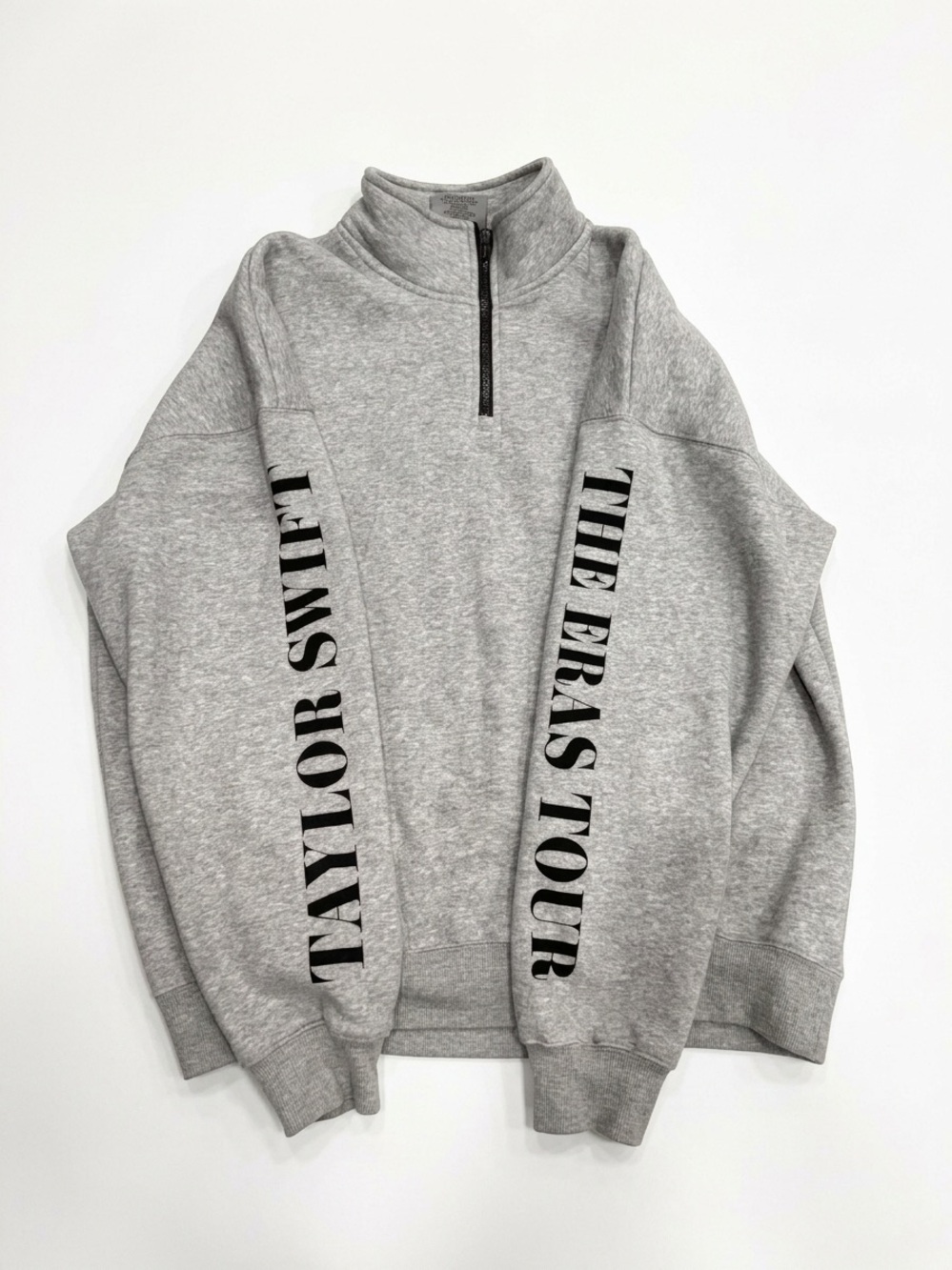 Taylor Swift Gray Zip-Up Sweater with Black Sleeve Print